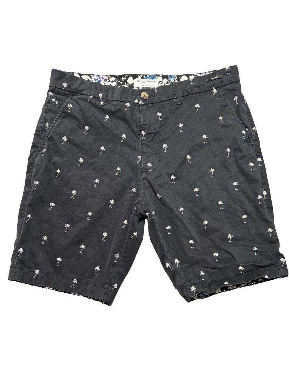 Denim & Flower Ricky Singh Mens 32 Palm Tree Chino Shorts Dark Navy Stretch